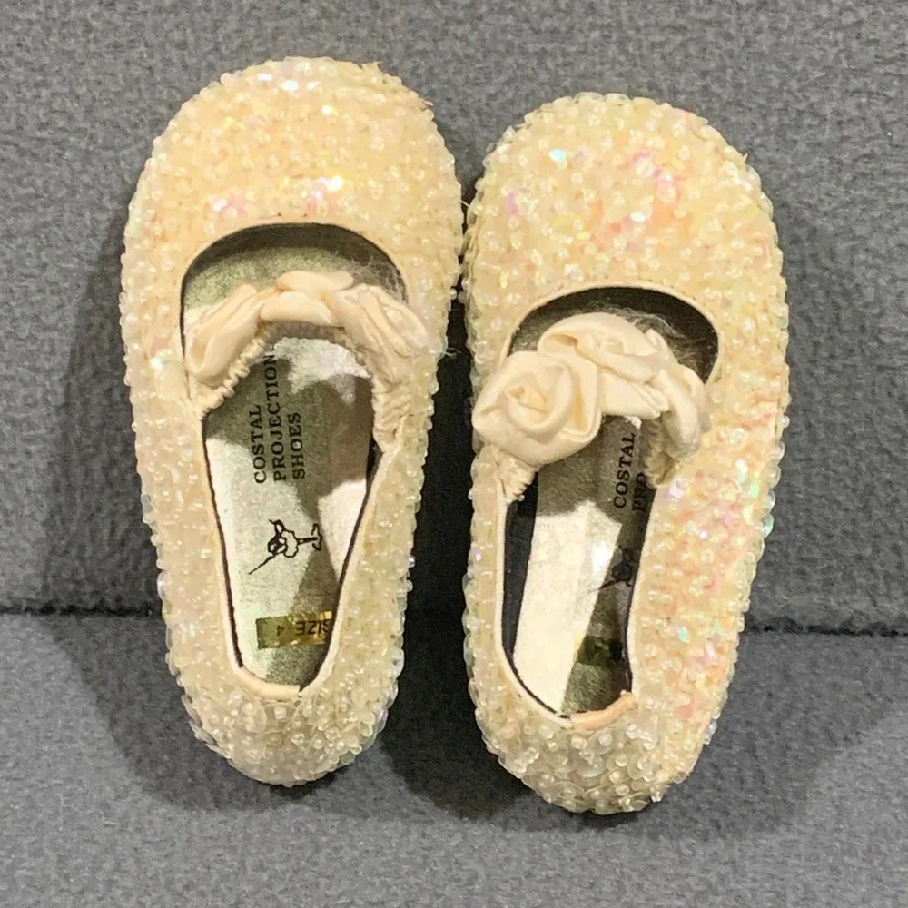 Costal Projections Baby Girl Size 4 Iridescent Sequin Rosette‎ Mary Jane Flats